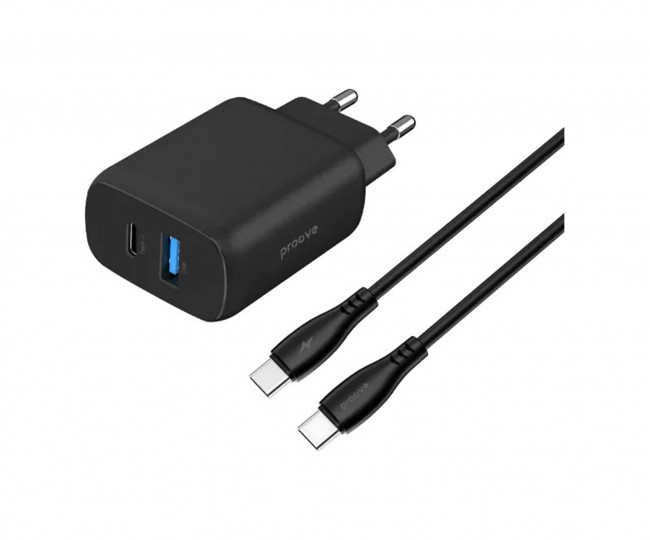 СЗУ Proove Silicone Power 2 30W (Type-C + USB) + Cable Type-C to Type-C (1m) (black)